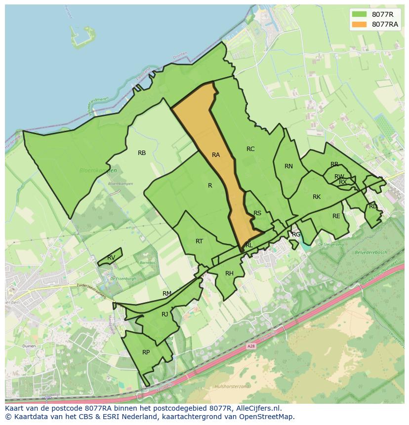 Afbeelding van het postcodegebied 8077 RA op de kaart.