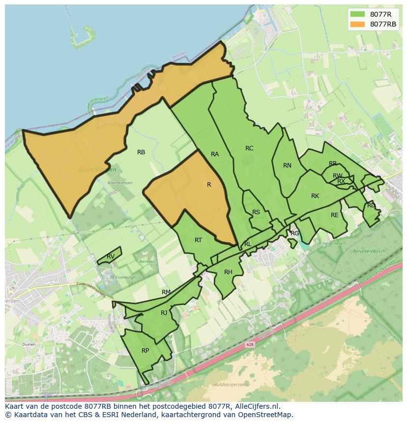 Afbeelding van het postcodegebied 8077 RB op de kaart.