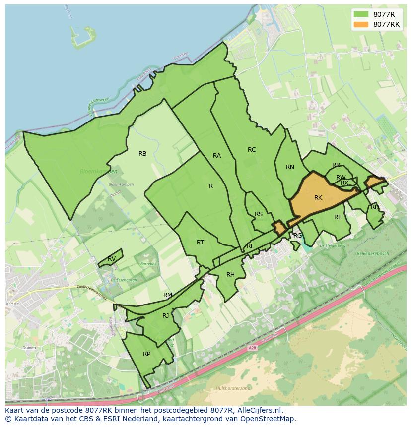Afbeelding van het postcodegebied 8077 RK op de kaart.
