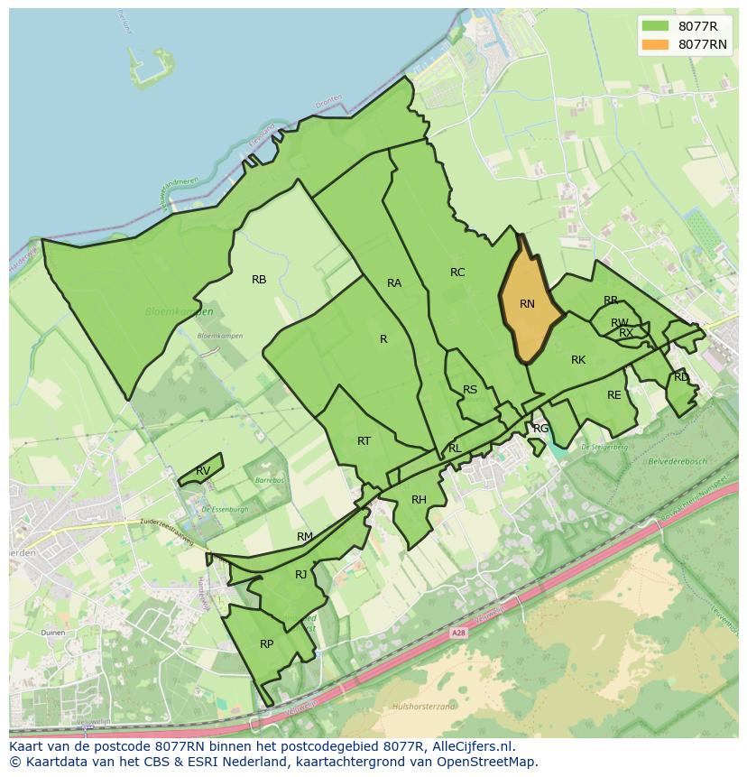 Afbeelding van het postcodegebied 8077 RN op de kaart.