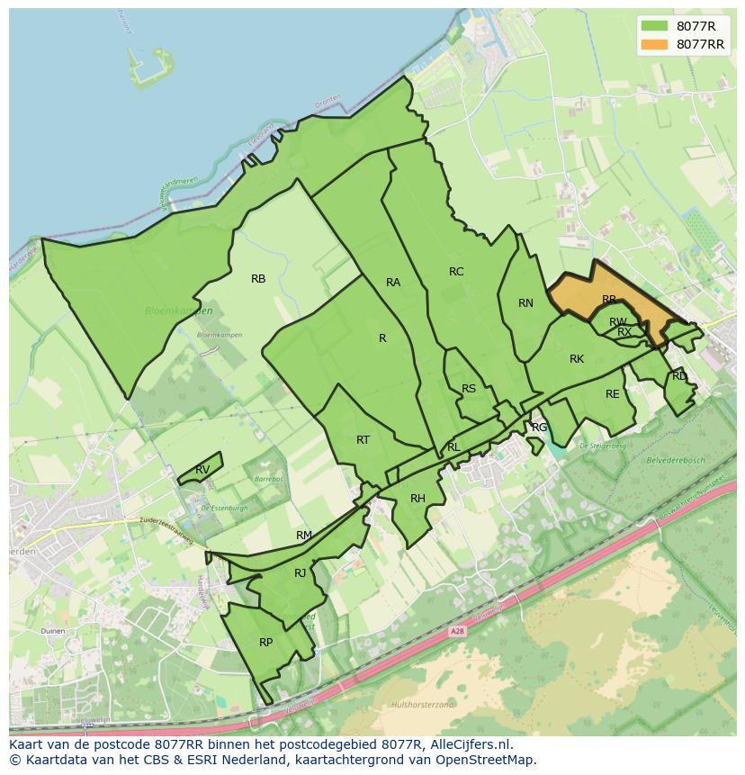 Afbeelding van het postcodegebied 8077 RR op de kaart.