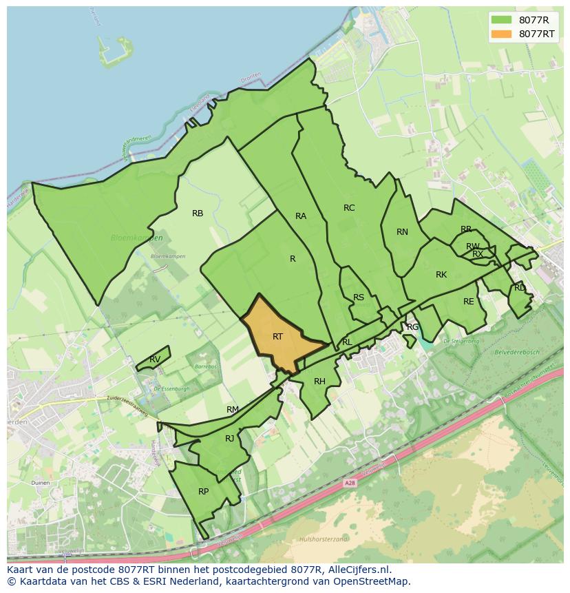 Afbeelding van het postcodegebied 8077 RT op de kaart.