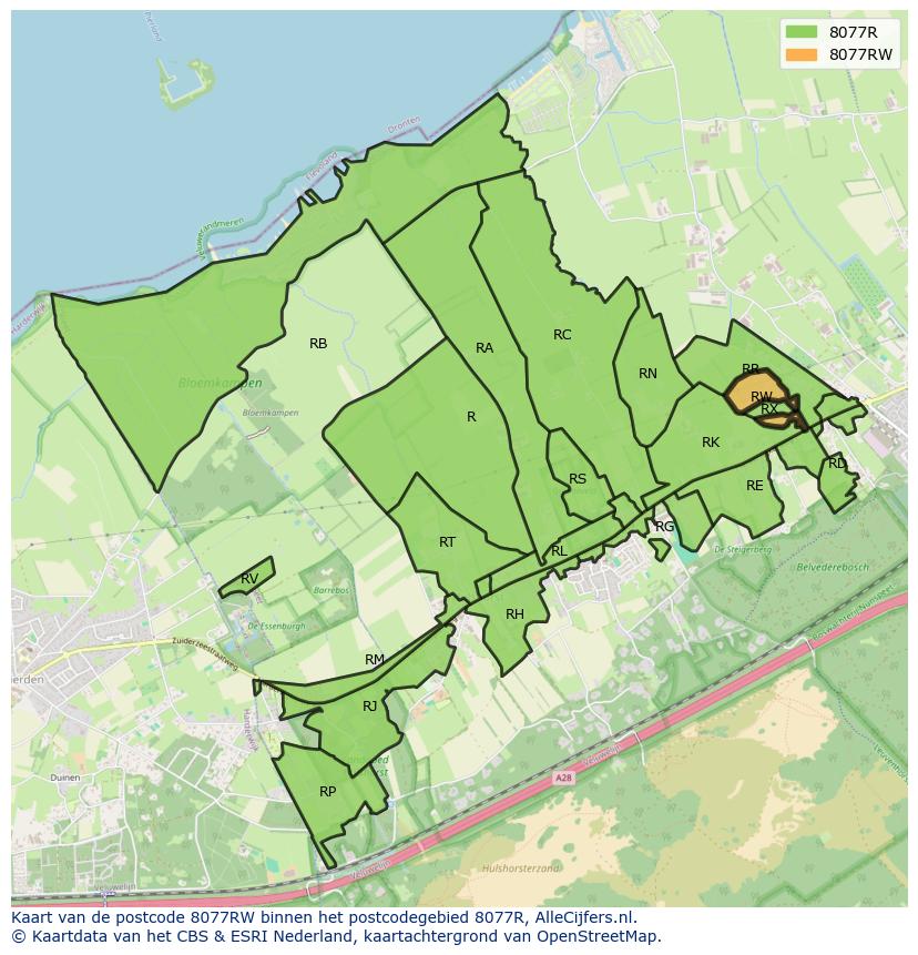 Afbeelding van het postcodegebied 8077 RW op de kaart.