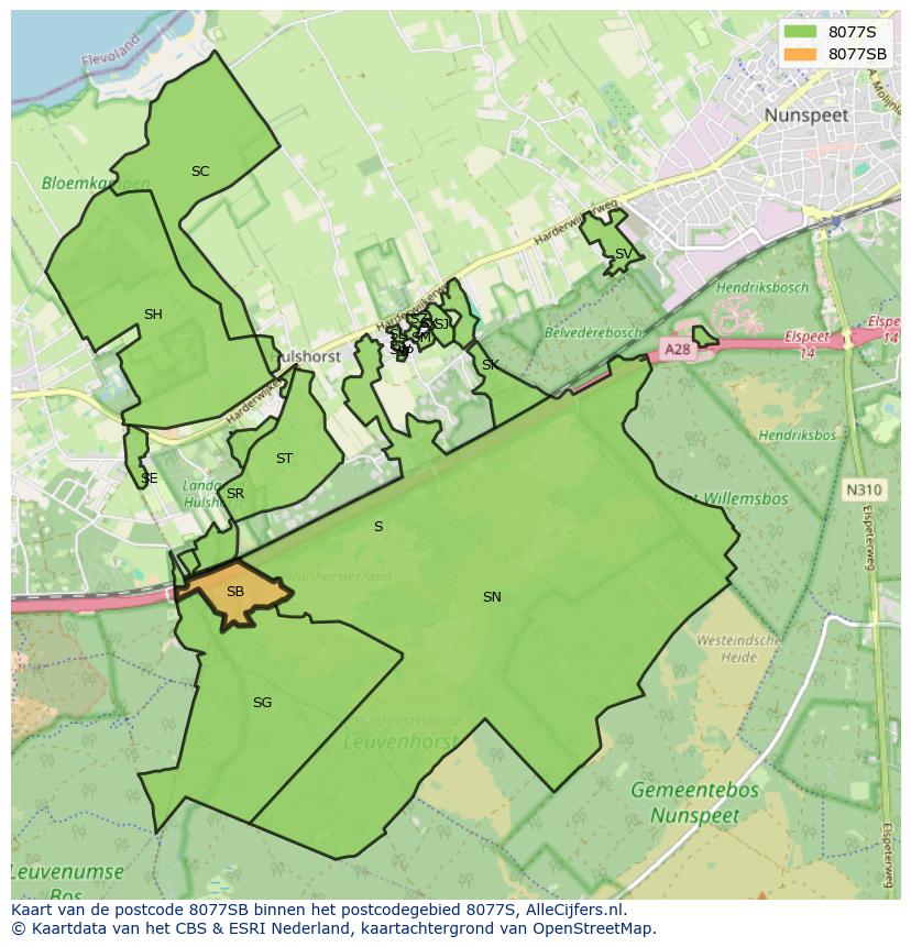 Afbeelding van het postcodegebied 8077 SB op de kaart.