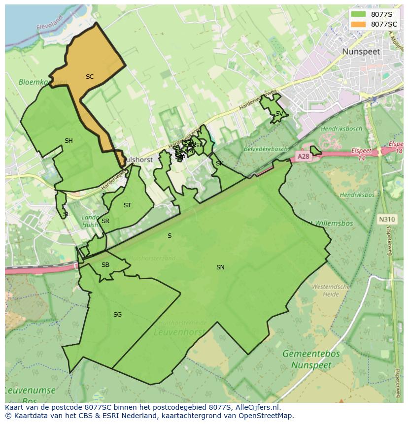 Afbeelding van het postcodegebied 8077 SC op de kaart.