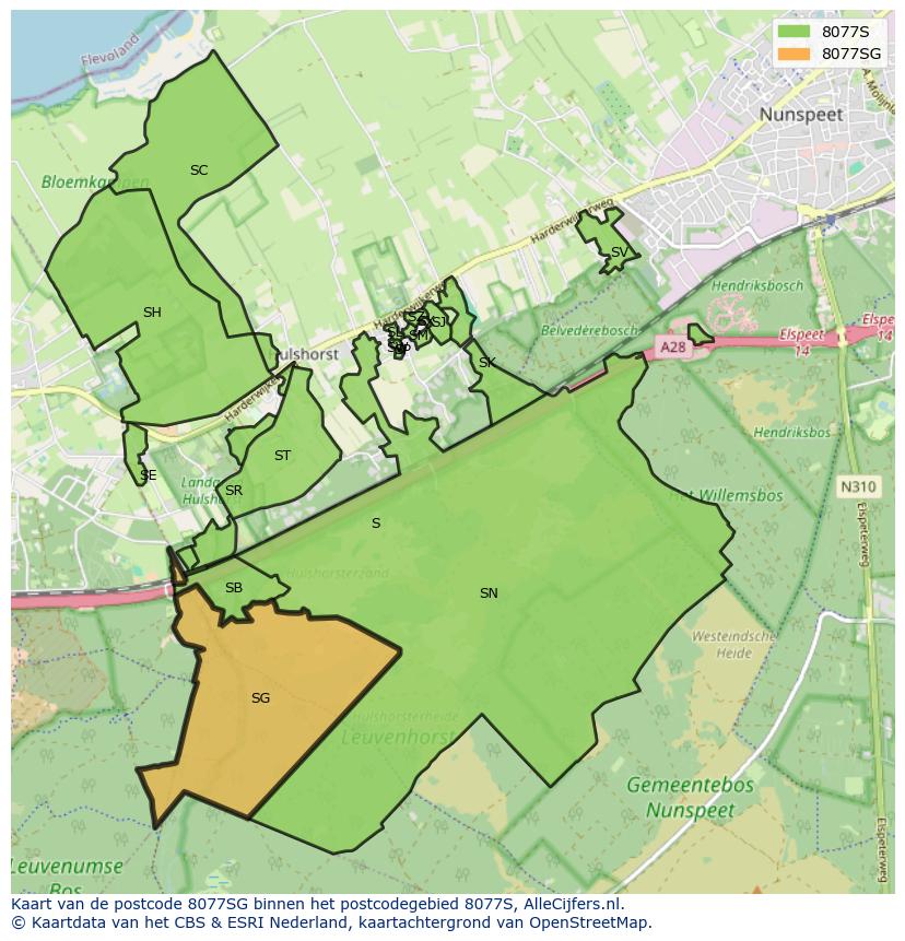 Afbeelding van het postcodegebied 8077 SG op de kaart.