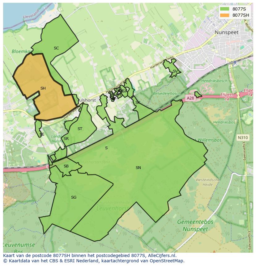 Afbeelding van het postcodegebied 8077 SH op de kaart.