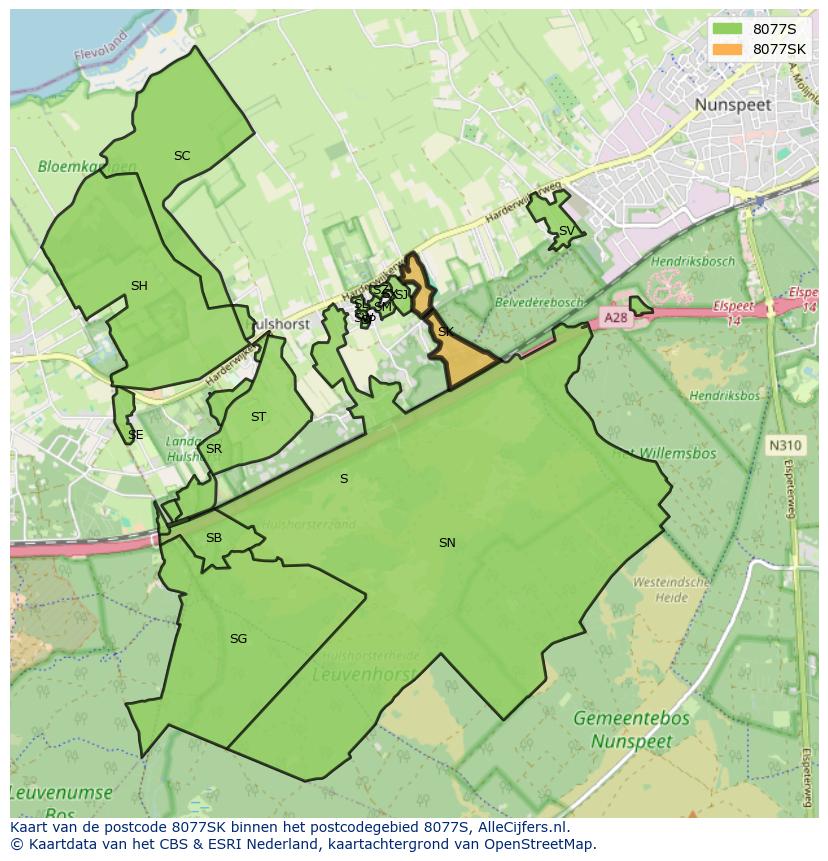 Afbeelding van het postcodegebied 8077 SK op de kaart.
