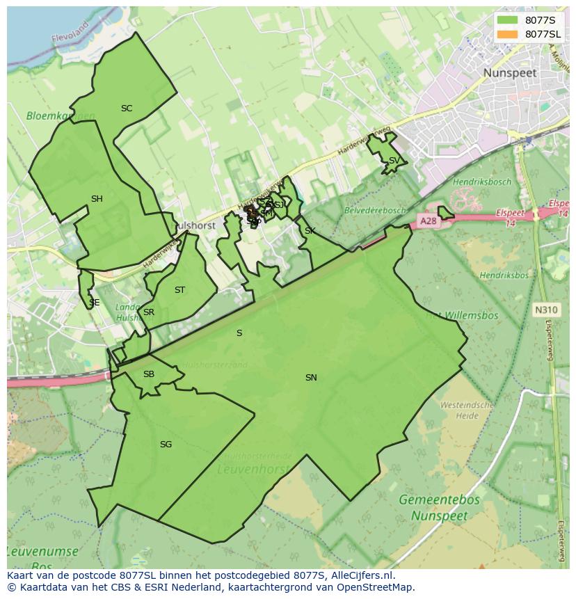Afbeelding van het postcodegebied 8077 SL op de kaart.