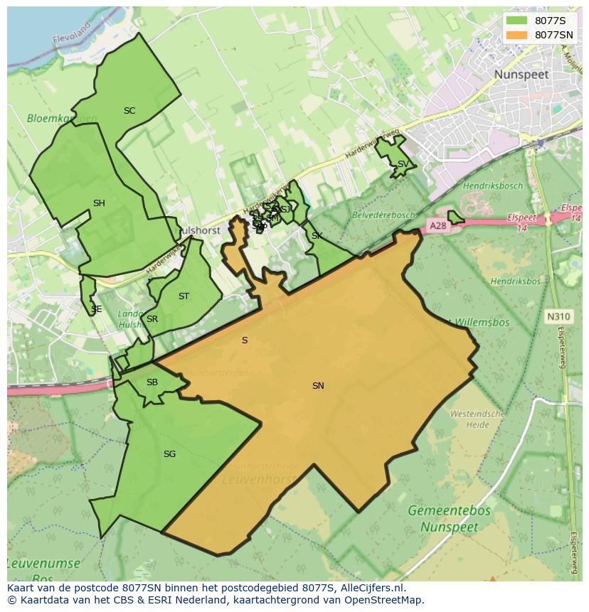 Afbeelding van het postcodegebied 8077 SN op de kaart.