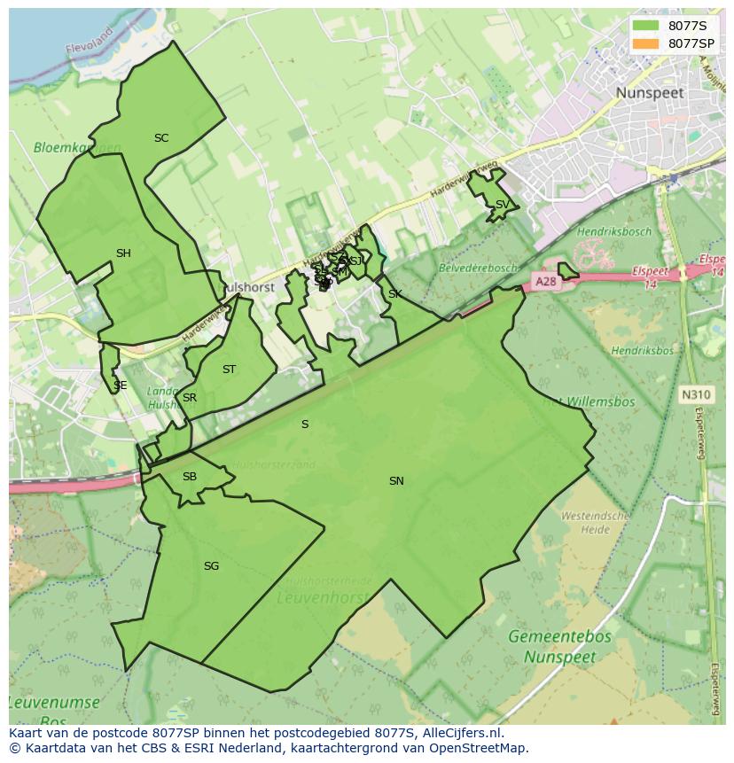Afbeelding van het postcodegebied 8077 SP op de kaart.