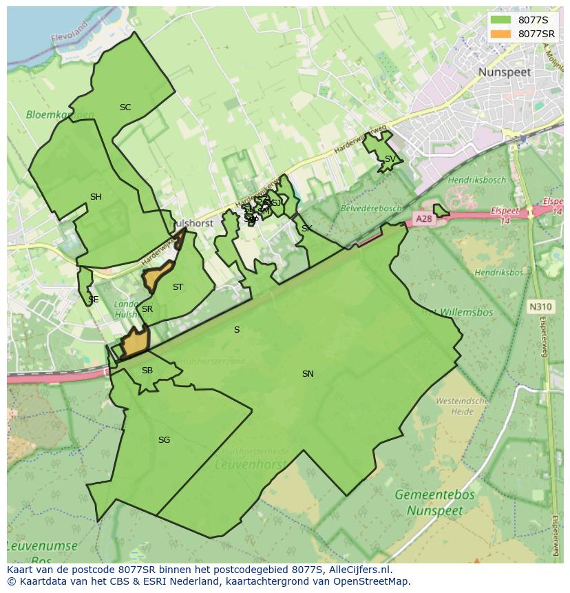Afbeelding van het postcodegebied 8077 SR op de kaart.