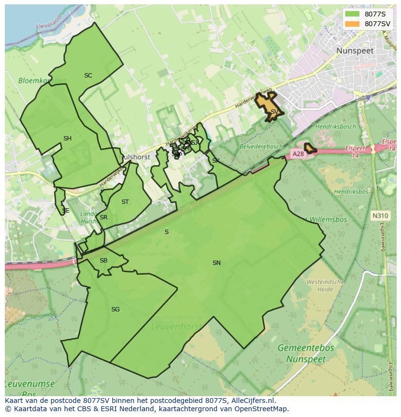 Afbeelding van het postcodegebied 8077 SV op de kaart.