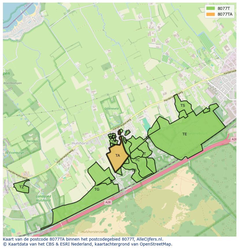 Afbeelding van het postcodegebied 8077 TA op de kaart.