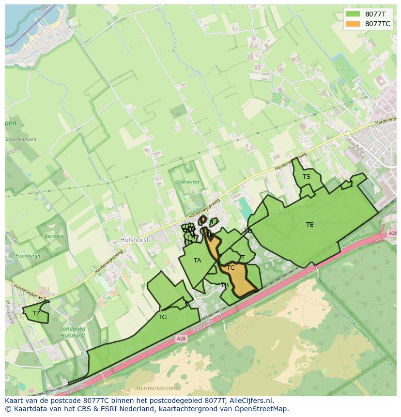 Afbeelding van het postcodegebied 8077 TC op de kaart.