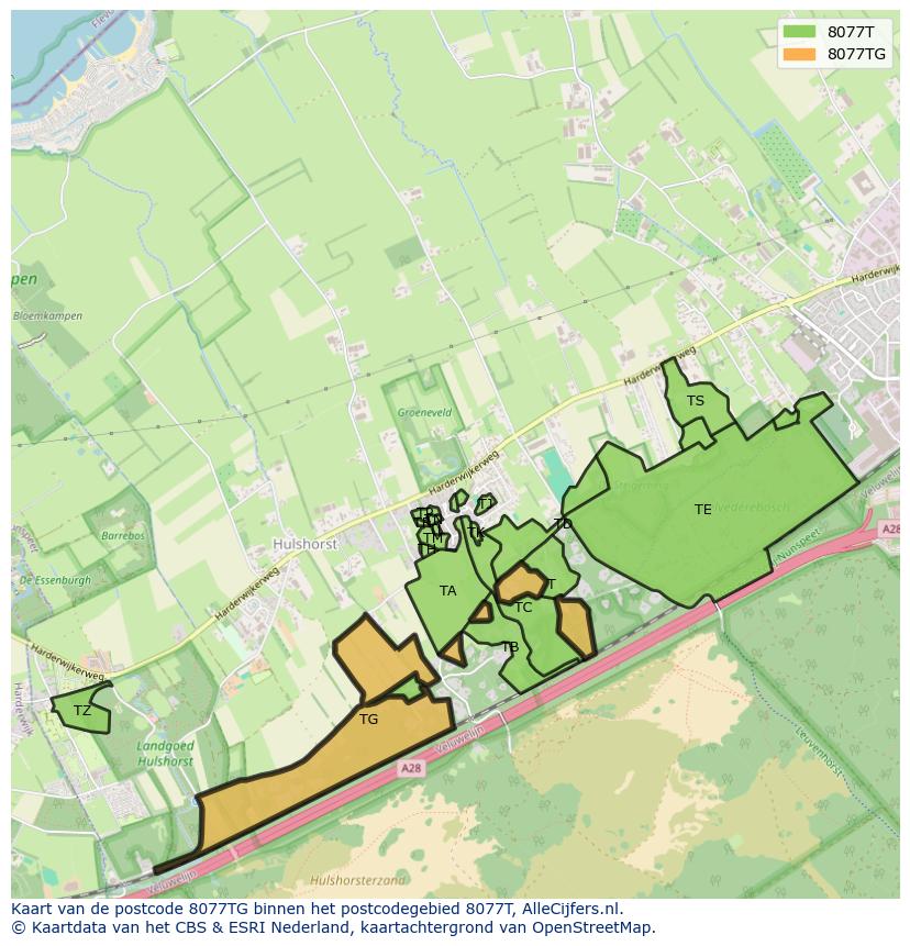 Afbeelding van het postcodegebied 8077 TG op de kaart.