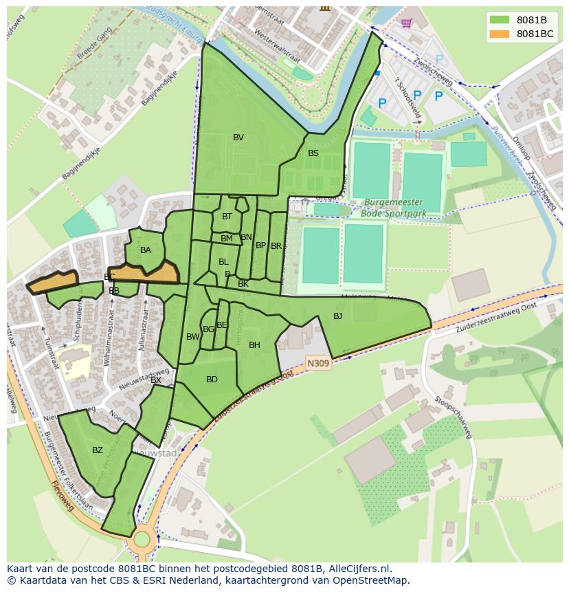 Afbeelding van het postcodegebied 8081 BC op de kaart.