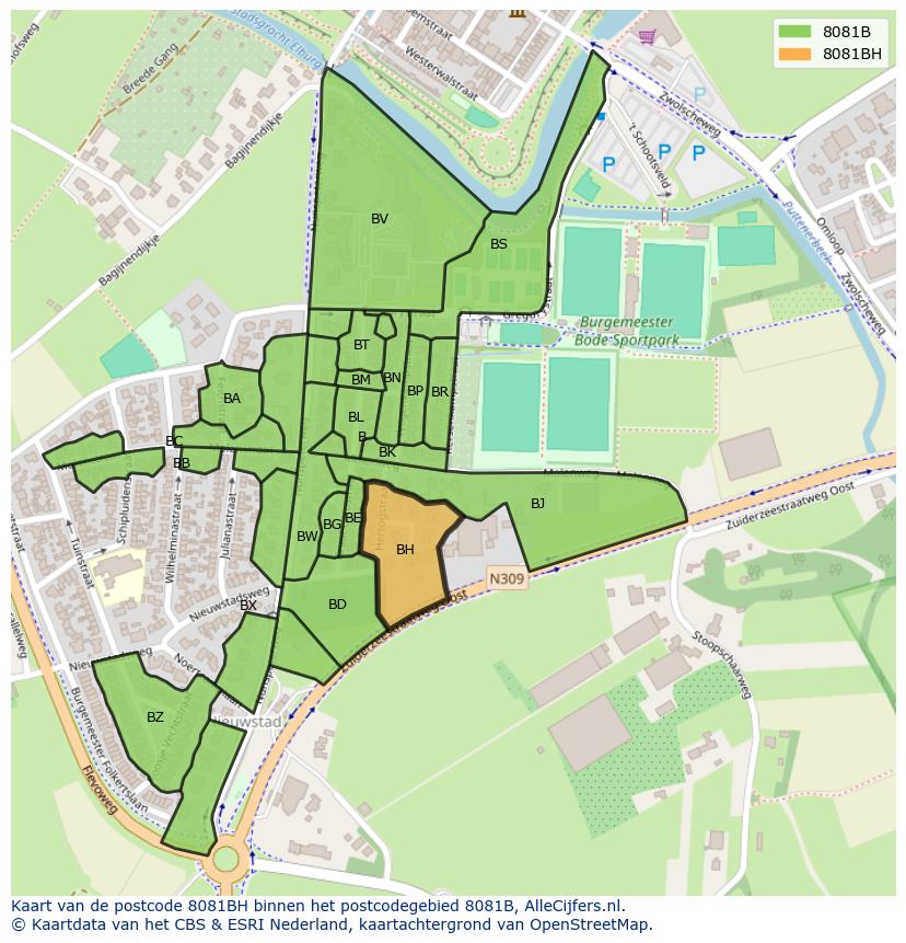 Afbeelding van het postcodegebied 8081 BH op de kaart.
