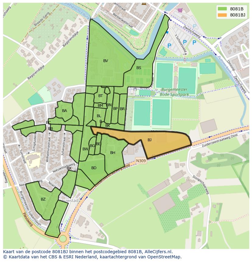Afbeelding van het postcodegebied 8081 BJ op de kaart.