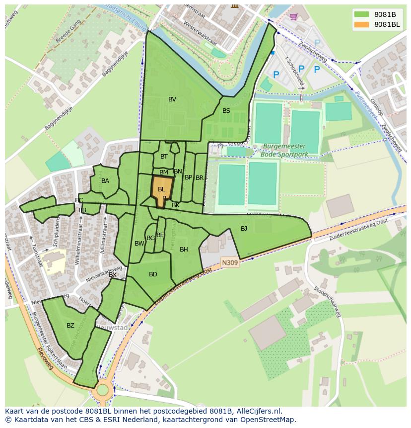 Afbeelding van het postcodegebied 8081 BL op de kaart.