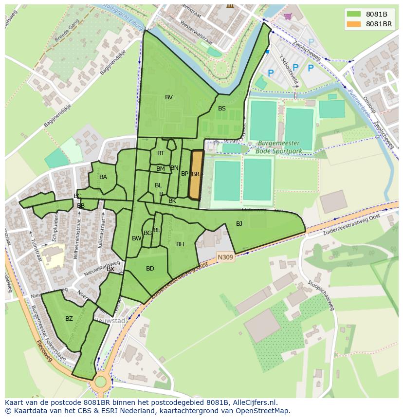 Afbeelding van het postcodegebied 8081 BR op de kaart.