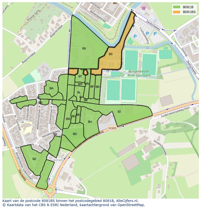 Afbeelding van het postcodegebied 8081 BS op de kaart.