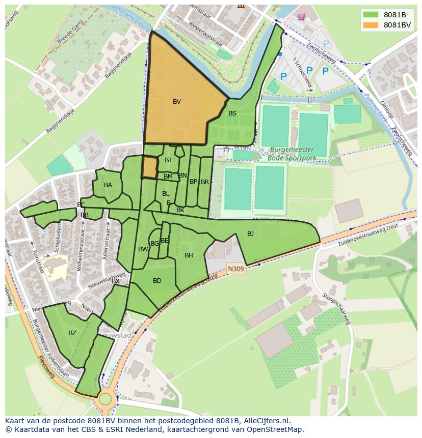 Afbeelding van het postcodegebied 8081 BV op de kaart.