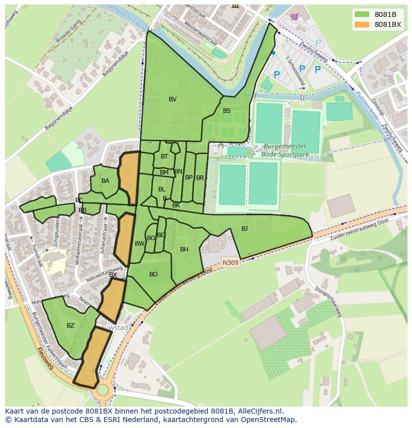 Afbeelding van het postcodegebied 8081 BX op de kaart.