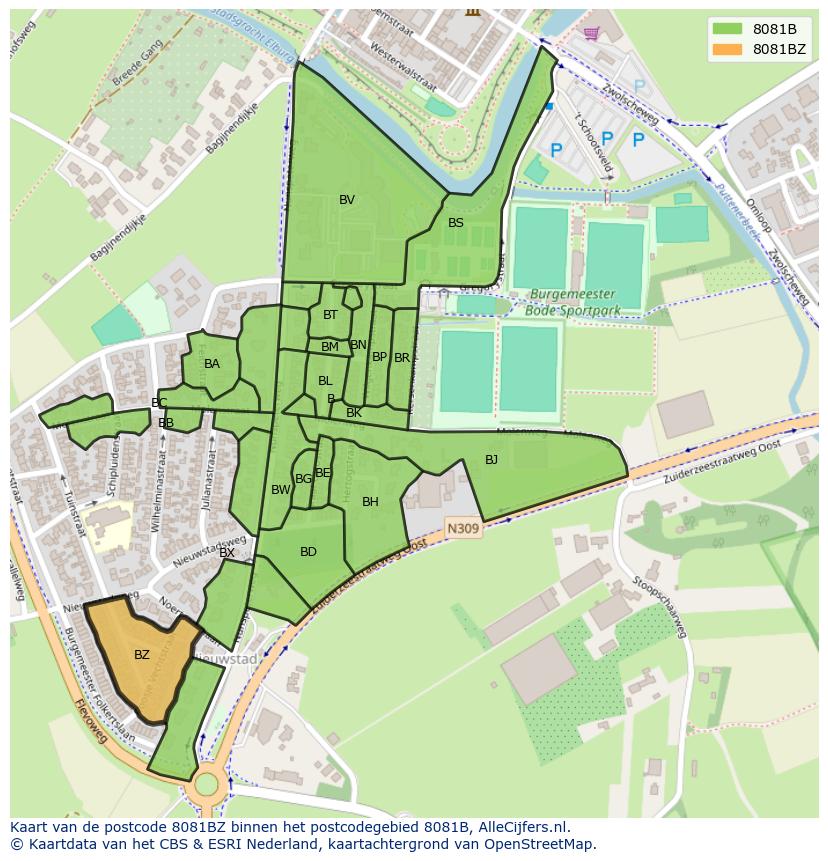 Afbeelding van het postcodegebied 8081 BZ op de kaart.