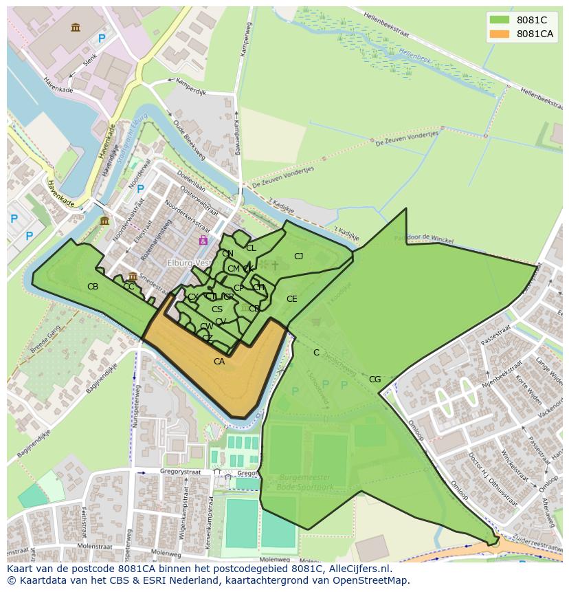 Afbeelding van het postcodegebied 8081 CA op de kaart.