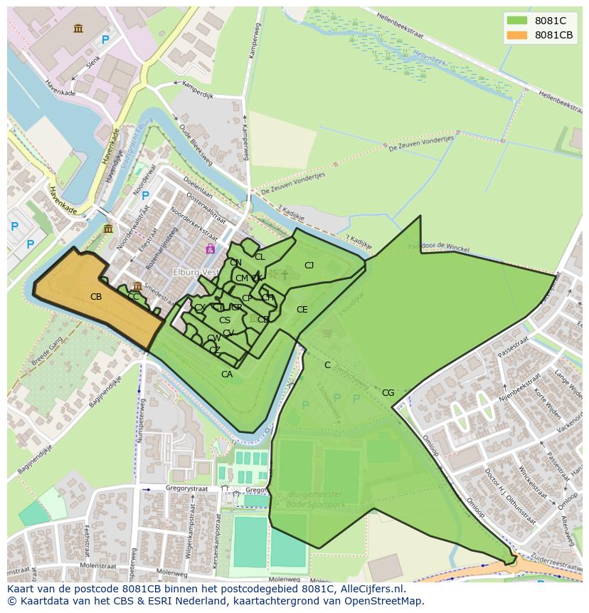 Afbeelding van het postcodegebied 8081 CB op de kaart.