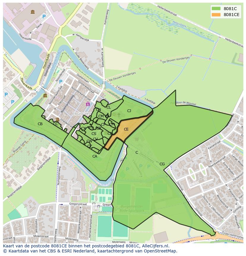 Afbeelding van het postcodegebied 8081 CE op de kaart.