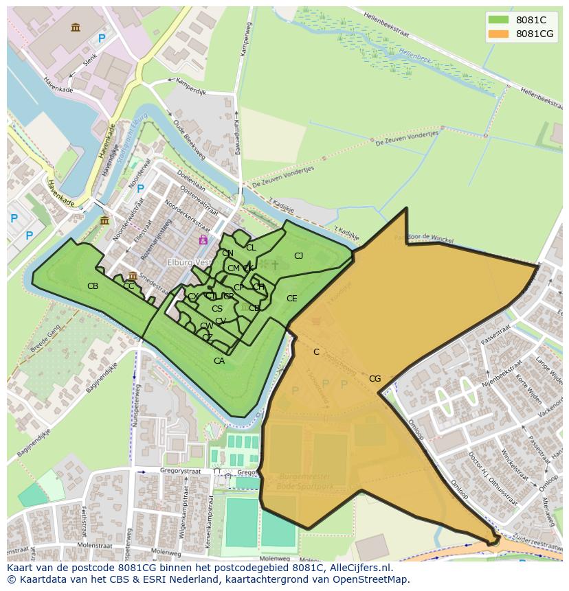 Afbeelding van het postcodegebied 8081 CG op de kaart.