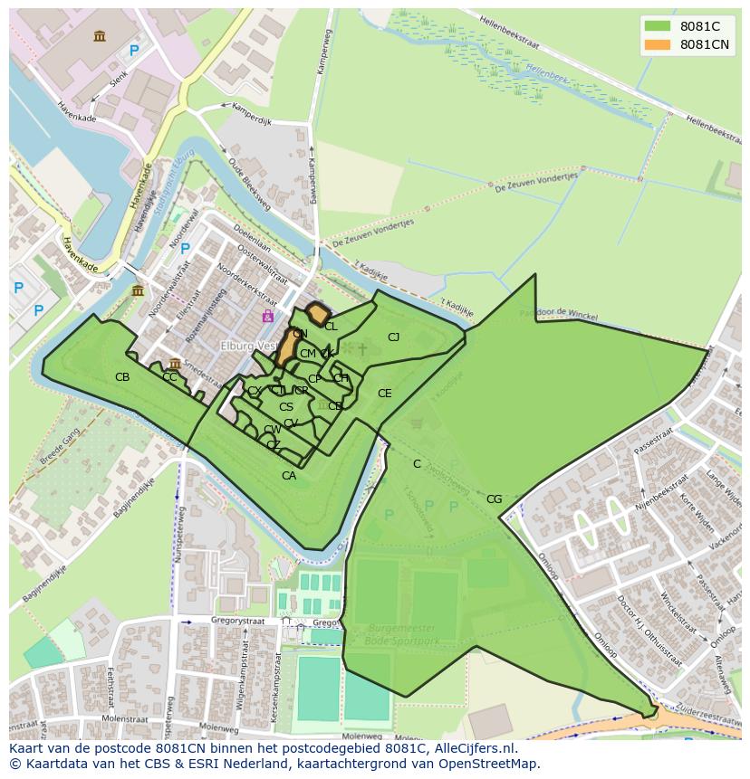 Afbeelding van het postcodegebied 8081 CN op de kaart.