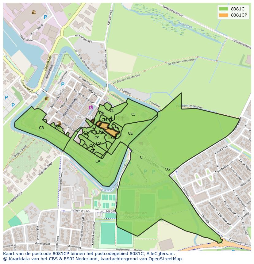 Afbeelding van het postcodegebied 8081 CP op de kaart.