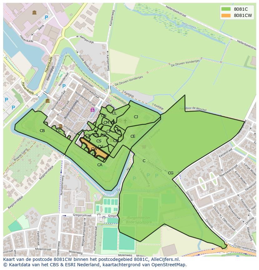 Afbeelding van het postcodegebied 8081 CW op de kaart.