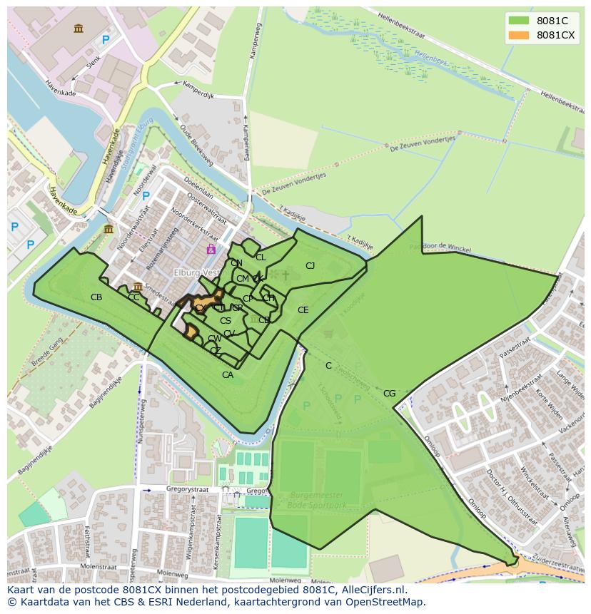 Afbeelding van het postcodegebied 8081 CX op de kaart.