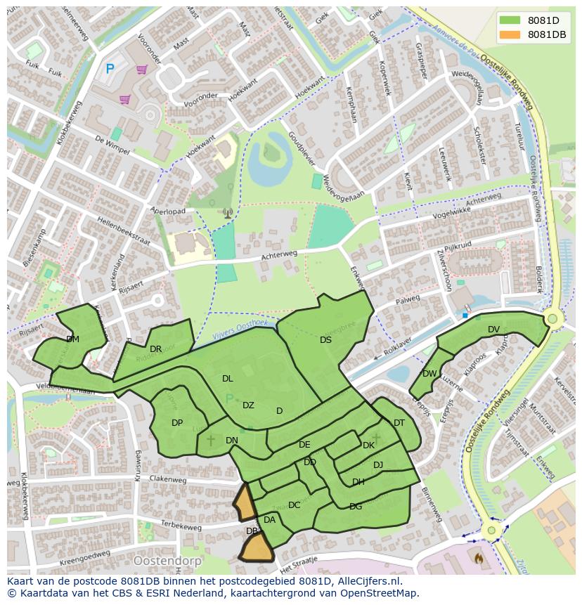 Afbeelding van het postcodegebied 8081 DB op de kaart.