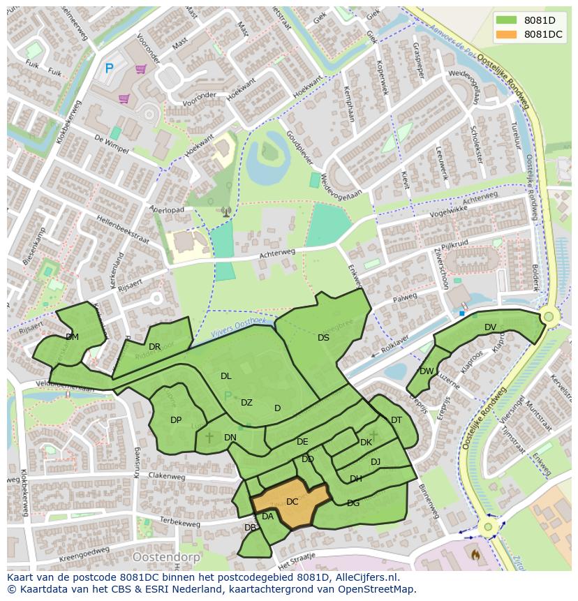 Afbeelding van het postcodegebied 8081 DC op de kaart.