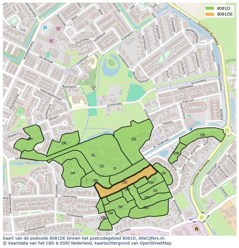 Afbeelding van het postcodegebied 8081 DE op de kaart.