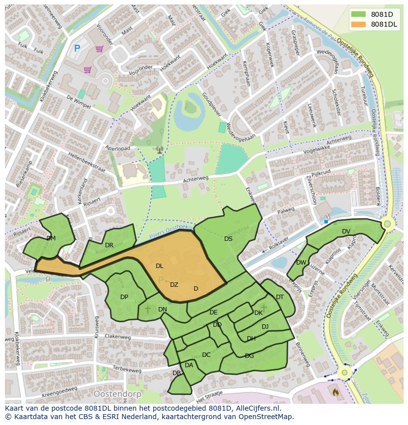 Afbeelding van het postcodegebied 8081 DL op de kaart.