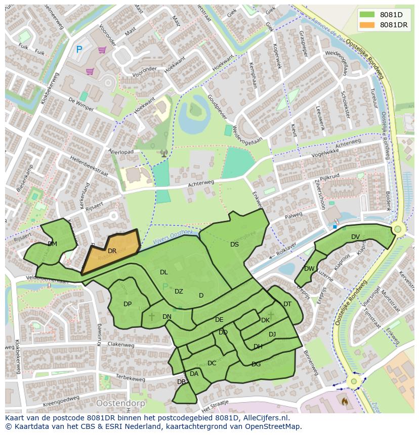 Afbeelding van het postcodegebied 8081 DR op de kaart.
