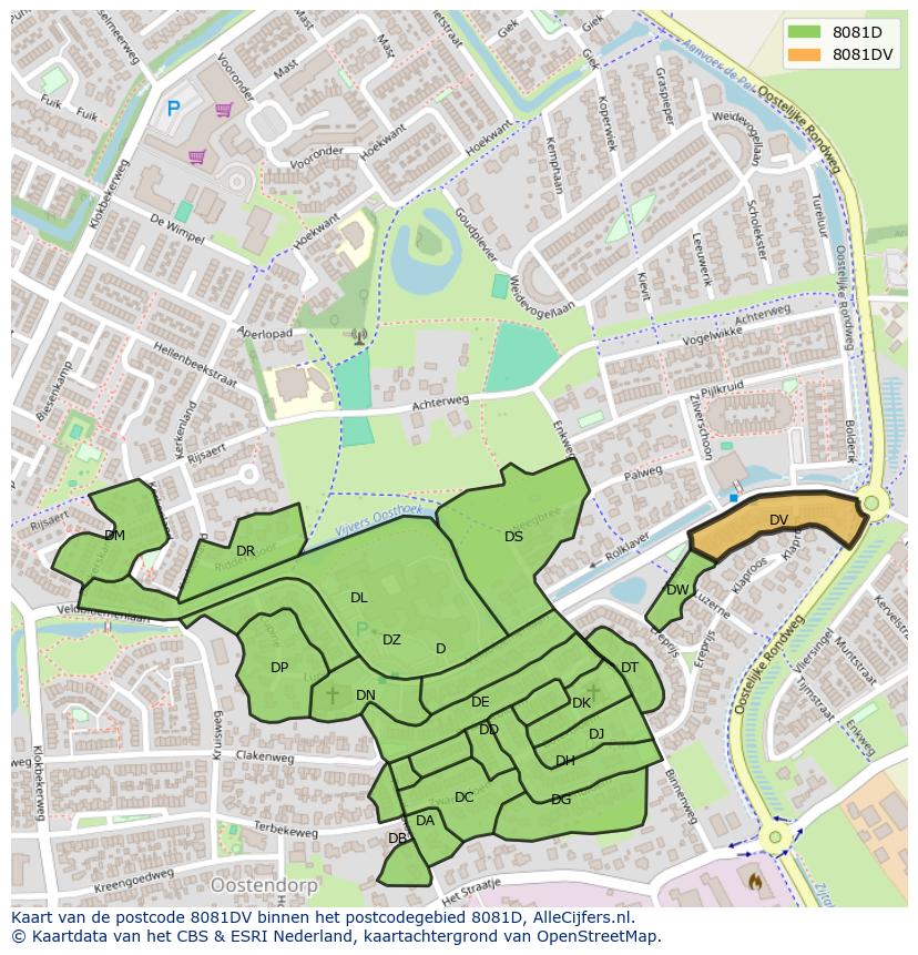 Afbeelding van het postcodegebied 8081 DV op de kaart.