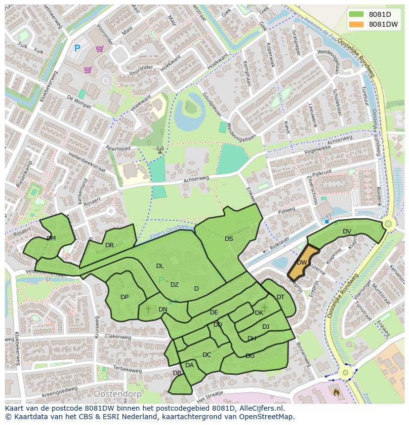 Afbeelding van het postcodegebied 8081 DW op de kaart.