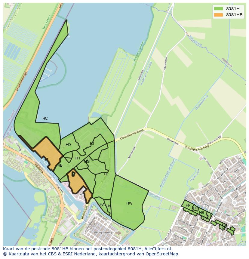 Afbeelding van het postcodegebied 8081 HB op de kaart.