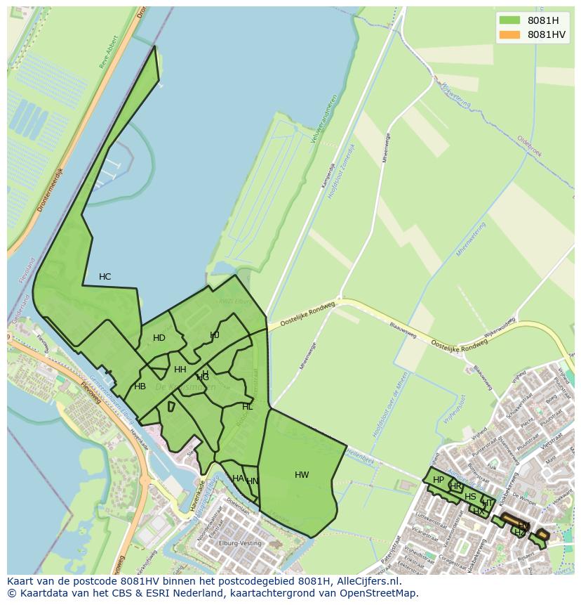 Afbeelding van het postcodegebied 8081 HV op de kaart.