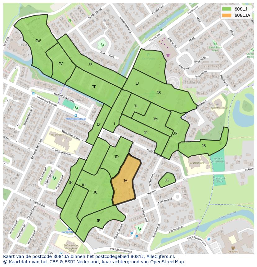 Afbeelding van het postcodegebied 8081 JA op de kaart.