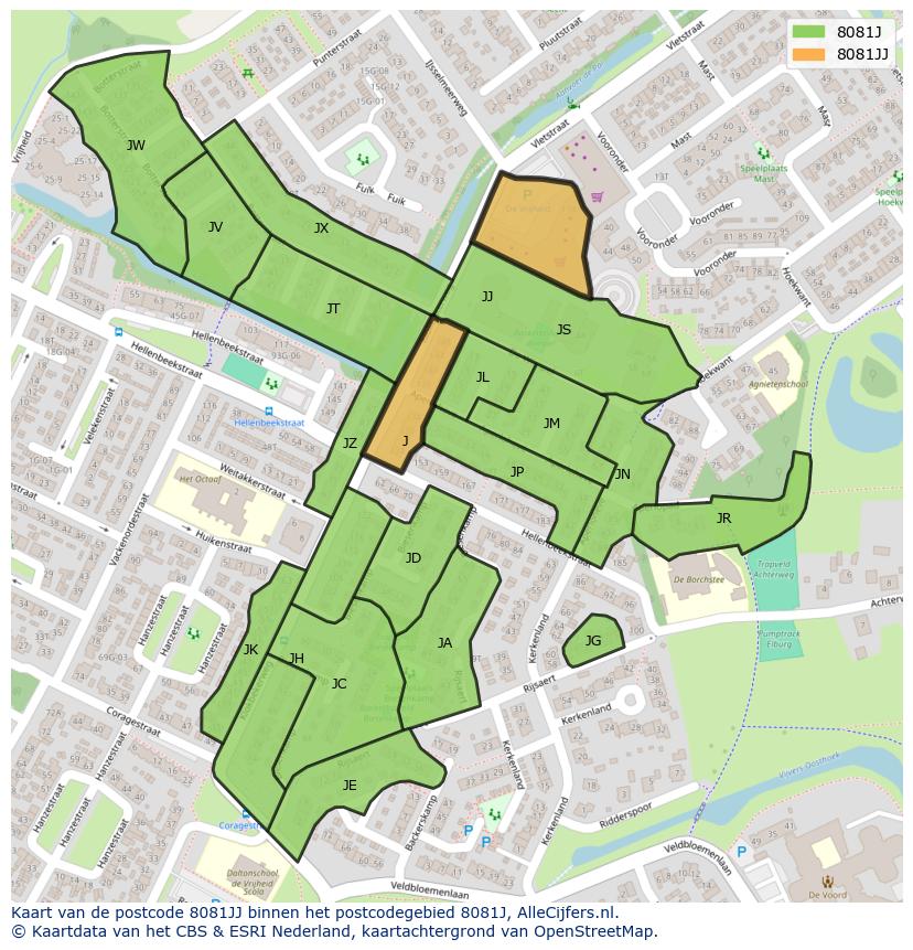 Afbeelding van het postcodegebied 8081 JJ op de kaart.