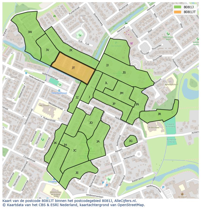 Afbeelding van het postcodegebied 8081 JT op de kaart.