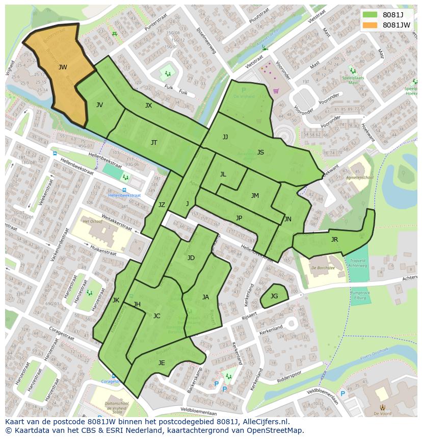Afbeelding van het postcodegebied 8081 JW op de kaart.